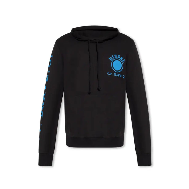 Schwarzer Kapuzenpullover mit blauem Logo und Grafiken auf Brust und Ärmel aus Diesel-Gewebe