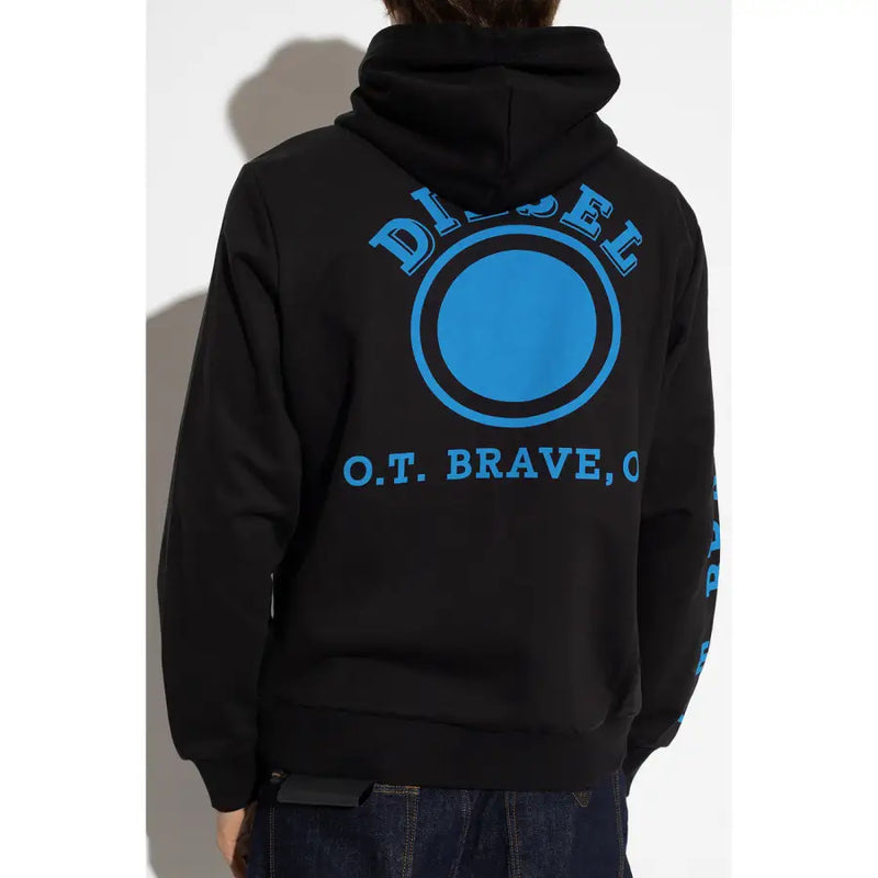 Schwarzer Kapuzenpullover aus Baumwolle mit einem auffälligen blauen runden Diesel-Logo und weiteren Grafiken auf der Vorderseite.