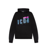 Black hooded sweatshirt with vibrant ICON graphic displayed on a product page