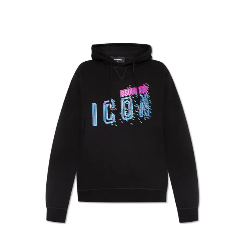 Black hooded sweatshirt with vibrant ICON graphic displayed on a product page