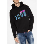 Black dsquared2 black hooded sweatshirt with vibrant pink and blue pixelated icon graphic and glitch effects on front