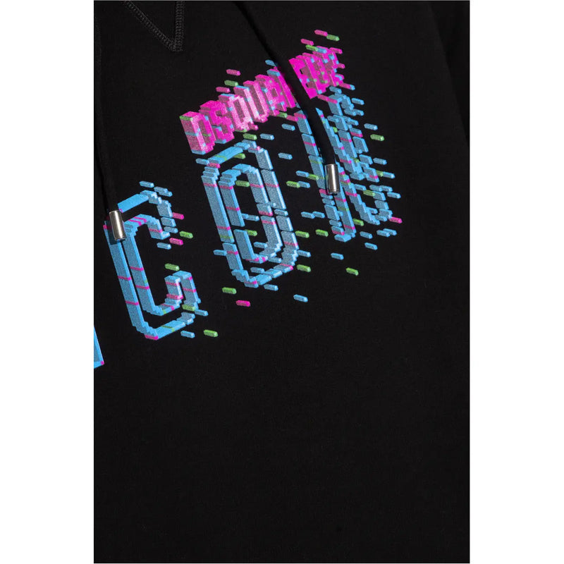Black dsquared2 hooded sweatshirt in black with a bold pixelated pink blue and green icon graphic on front