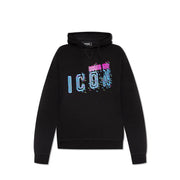 Black dsquared2 hooded sweatshirt in black featuring a colorful pink and blue glitch-effect icon graphic