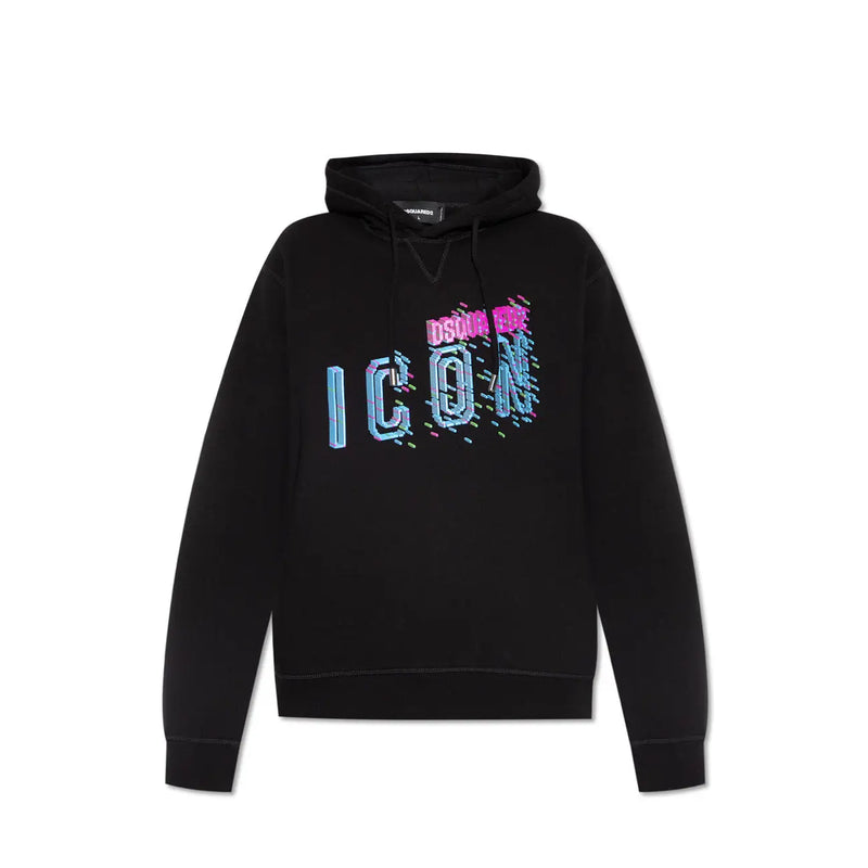 Black dsquared2 hooded sweatshirt in black featuring a colorful pink and blue glitch-effect icon graphic