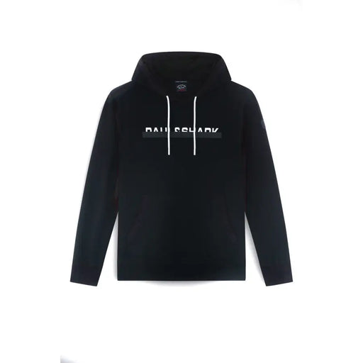Black hooded sweatshirt with white drawstrings and a contrasting stripe featuring bausshark branding across the chest