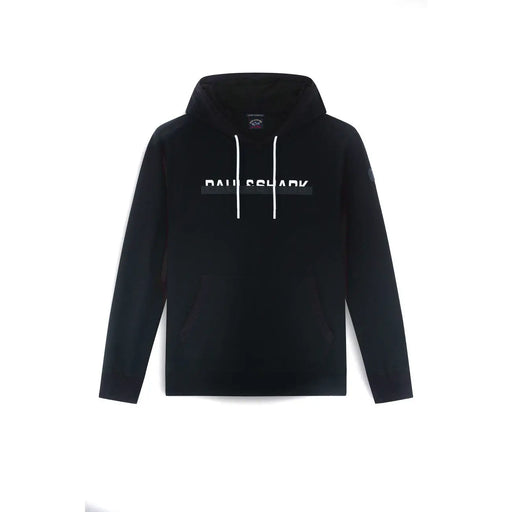 Black hooded sweatshirt with white drawstrings and a contrasting stripe featuring bausshark branding across the chest
