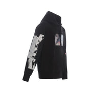 Black hooded sweatshirt featuring bold white graffiti print on left sleeve and rectangular chest graphic print