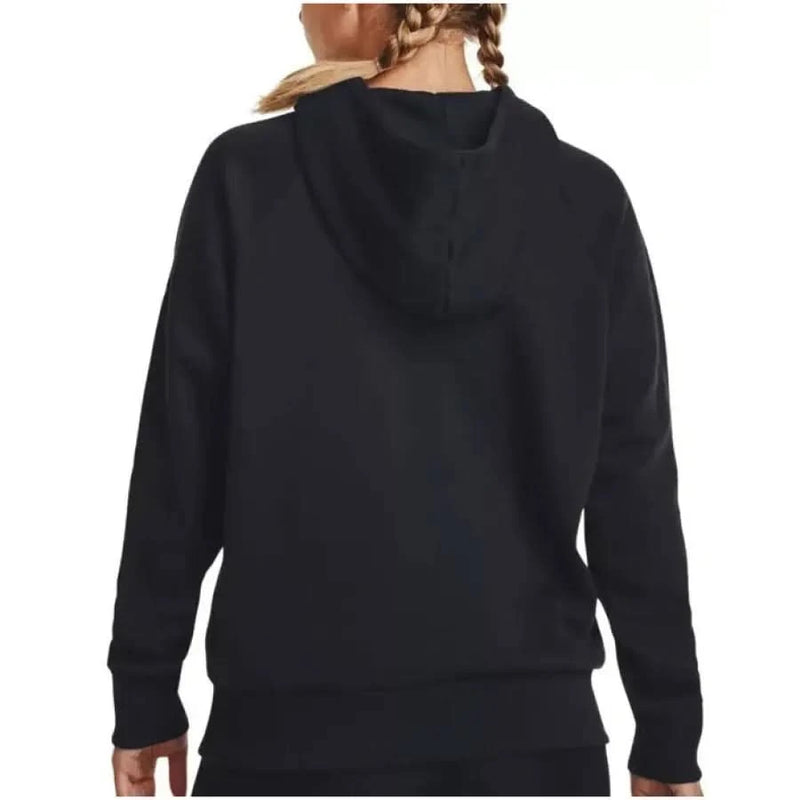 Black hooded sweatshirt viewed from the back, part of Under Armour Women’s collection
