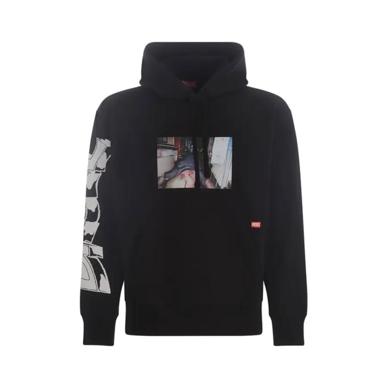Black hoodie with eye-catching graphic print from Black Hooded Sweatshirt Featuring Graphic Prints
