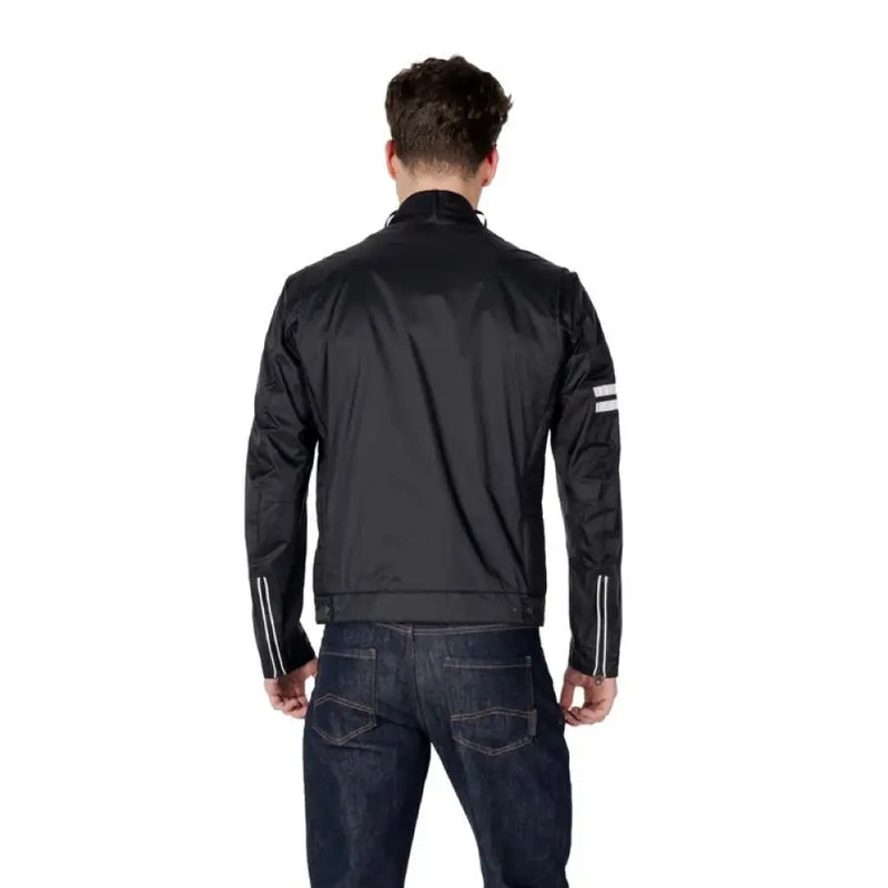 Black Racing Style Jacket featuring a sleek design with white stripes on sleeves