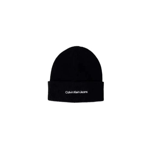 Black knit beanie with ’Calvin Klein Jeans’ logo on the cuff