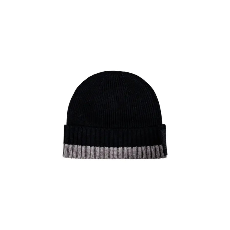 Black knit beanie with gray trim, stylish warm headwear from Black and Gray Knit Beanie collection