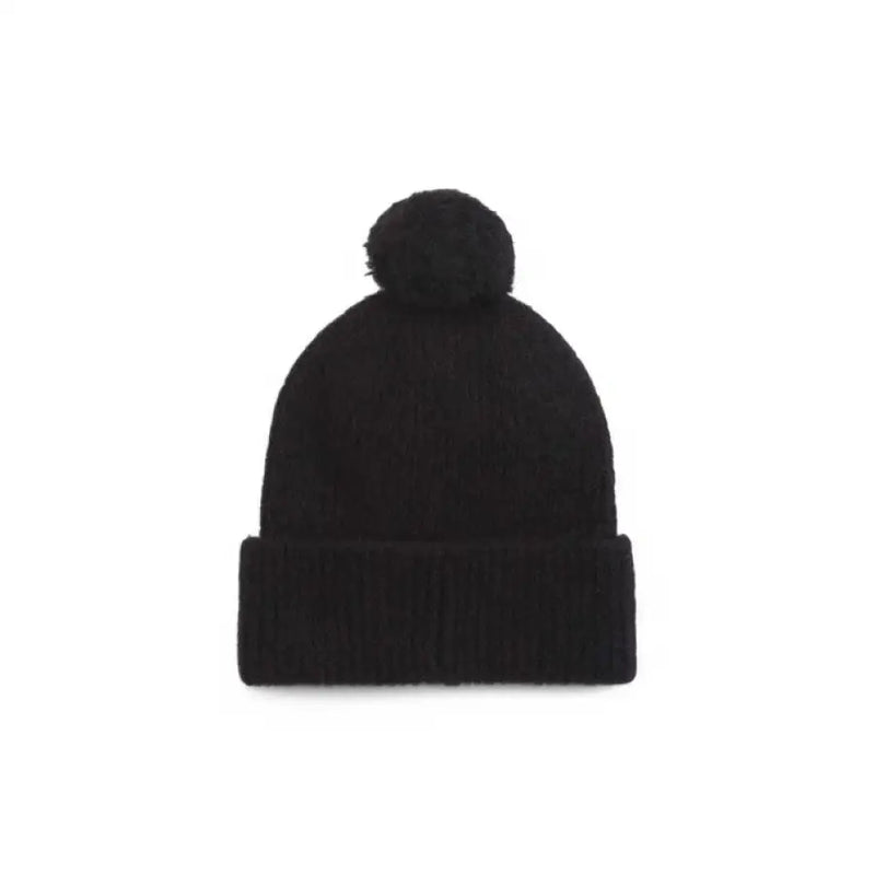 Black knit beanie with pompom, stylish winter accessory for cold weather