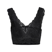 Black lace bralette with deep V-neck and scalloped edges paired with Only Black Sleeveless V Neck Womens Polyester Top