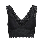 Black lace bralette with v-neckline and scalloped edges displayed with Only Black Sleeveless V Neck Womens Polyester Top