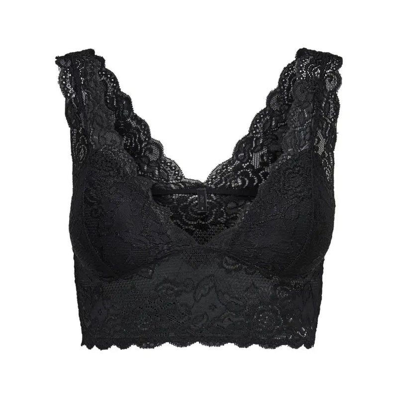 Black lace bralette with v-neckline and scalloped edges displayed with Only Black Sleeveless V Neck Womens Polyester Top