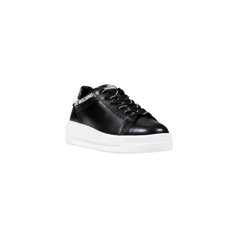 Black leather platform sneakers with white soles and black and white laces by Love Moschino