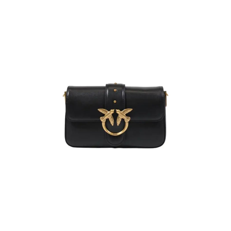 Black leather shoulder bag by Pinko with interior pockets and a gold-tone bird-shaped clasp on the front