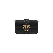 Black leather shoulder bag by Pinko with interior pockets and a gold-tone bird-shaped clasp on the front