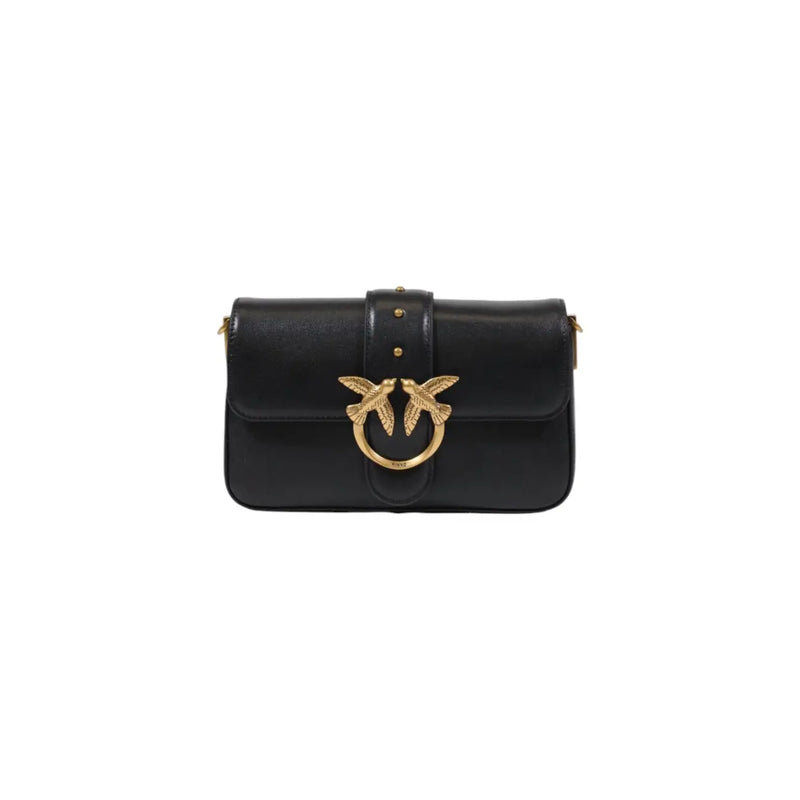 Black leather shoulder bag by Pinko with interior pockets and a gold-tone bird-shaped clasp on the front