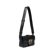 Black leather shoulder bag by Pinko with gold-tone bird-shaped clasp and perforated crossbody strap featuring interior pockets