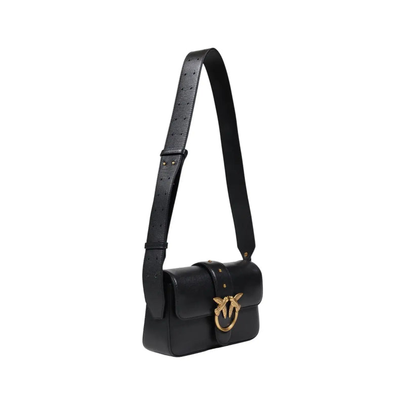 Black leather shoulder bag by Pinko with gold-tone bird-shaped clasp and perforated crossbody strap featuring interior pockets