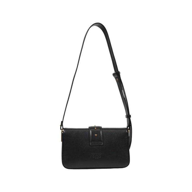 Black leather shoulder bag by pinko with minimalist design gold tone hardware and interior pockets for organization