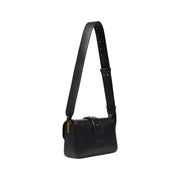 Black leather shoulder bag by Pinko with gold-tone hardware and perforated crossbody strap featuring interior pockets