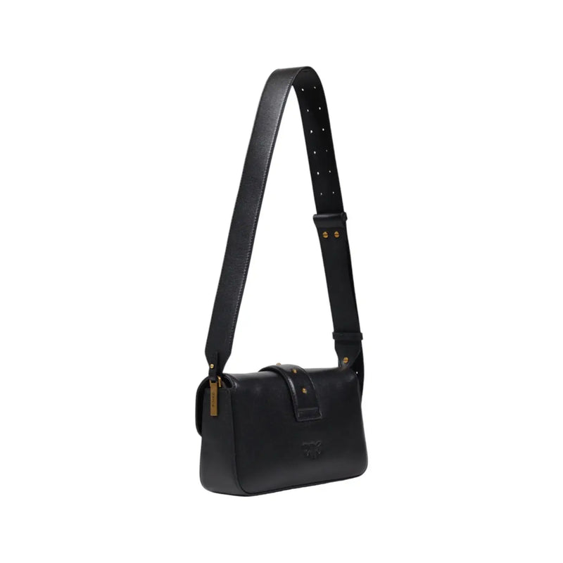Black leather shoulder bag by Pinko with gold-tone hardware and perforated crossbody strap featuring interior pockets
