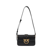 Black leather shoulder bag by Pinko with interior pockets and a gold-tone bird-shaped clasp on the front