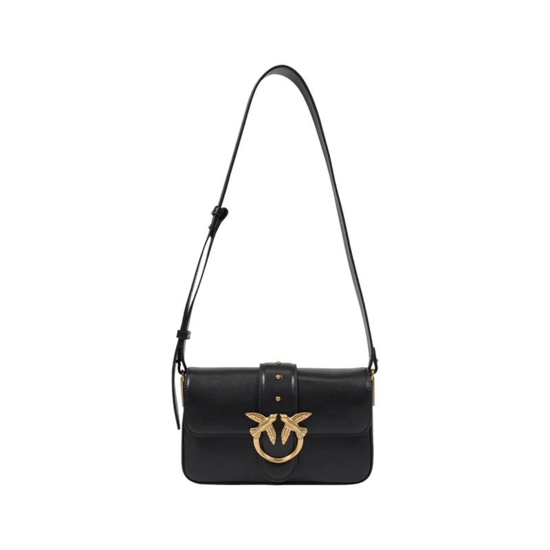 Black leather shoulder bag by Pinko with interior pockets and a gold-tone bird-shaped clasp on the front
