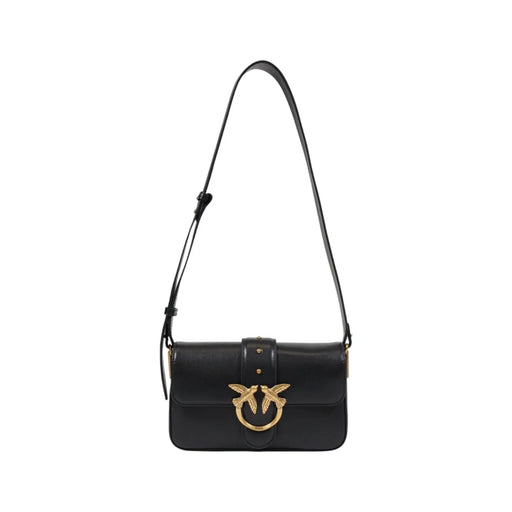 Black leather shoulder bag by Pinko with interior pockets and a gold-tone bird-shaped clasp on the front