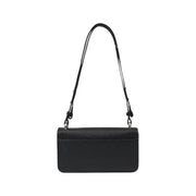 Black textured leather shoulder bag displayed for stylish and versatile accessorizing