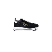 Black leather sneaker with white trim and gold heart-shaped Love Moschino logo