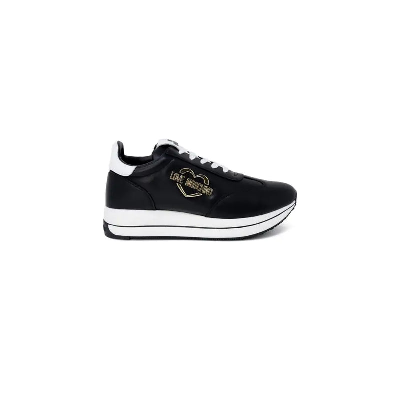 Black leather sneaker with white trim and gold heart-shaped Love Moschino logo