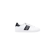 White ea7 sneaker with black accents and logo.