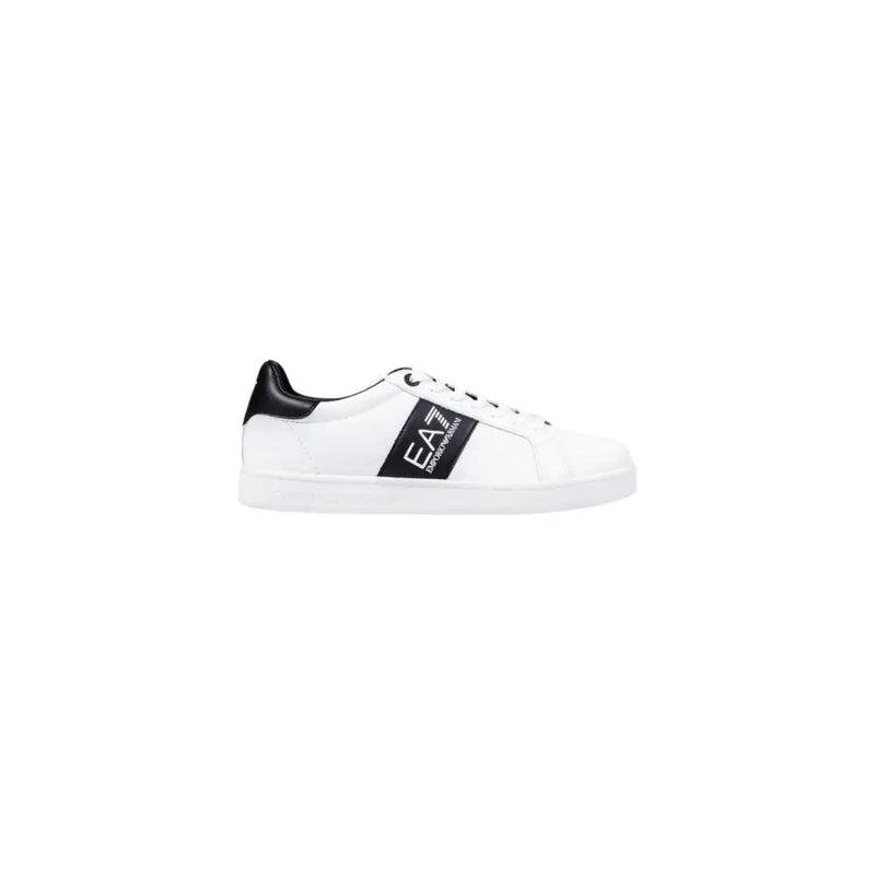 White ea7 sneaker with black accents and logo.
