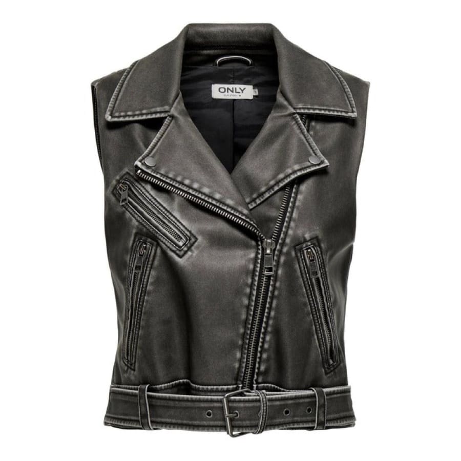 Women gilet in urban style, black leather vest with zipper and zippered collar for urban fashion