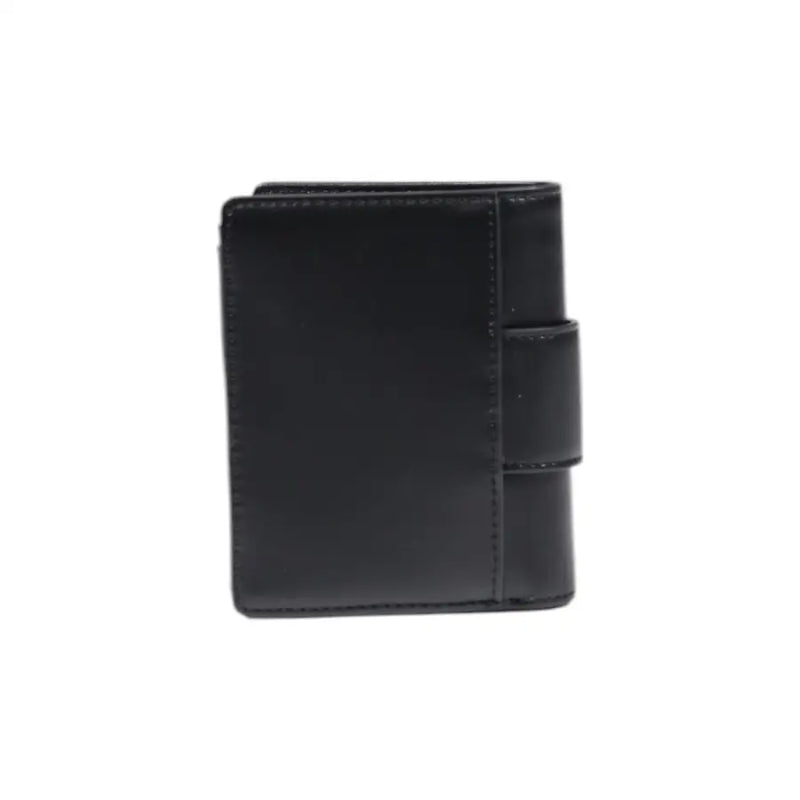 Black leather wallet with strap and silver logo displayed in a product image
