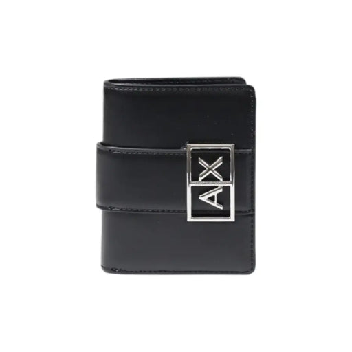 Black leather wallet with strap and silver logo showcased in a luxury accessory product