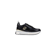 Black leather women’s slip-on sneakers with gold accents and white sole from Liu Jo