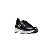 Black leather women’s slip-on sneakers with white and gold platform sole by Liu Jo
