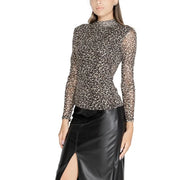 Women’s black leopard print long-sleeve mesh turtleneck blouse for fall winter fashion