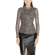 Women’s black leopard print mesh long-sleeve turtleneck blouse for fall and winter fashion