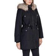 Black long-sleeved parka with fur-lined hood and adjustable drawstring waist for women