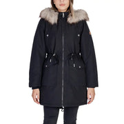 Women’s black hooded parka with faux fur trim and adjustable drawstring waist