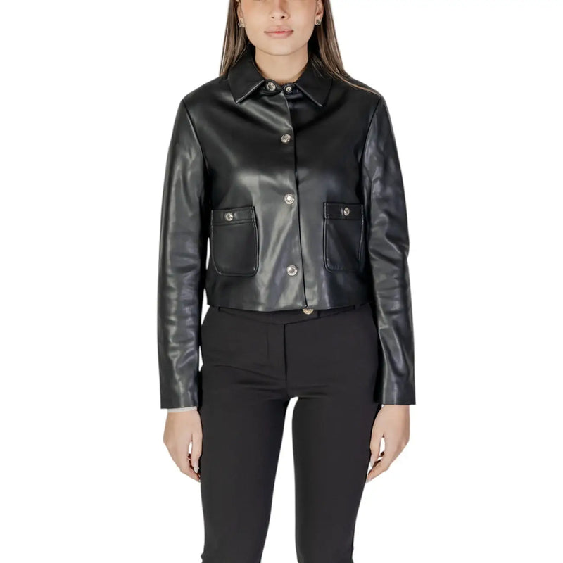 Black faux leather cropped blazer with silver buttons and front pockets