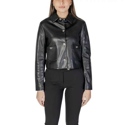 Black faux leather cropped blazer with silver buttons and front pockets