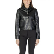 Black long polyurethane blazer featuring silver-toned buttons and two front flap pockets in faux leather material