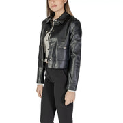 Black long polyurethane blazer featuring faux leather texture silver-toned buttons and a single chest pocket
